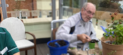 elderly man gardening with plants in pots and enjoying time outdoors gardening activities 1